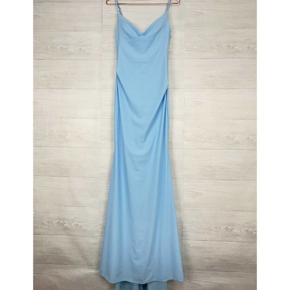 La Femme Long Formal Evening Gown Size 8 Drape Neck Jersey Cloud Blue #30626 - Picture 2 of 15